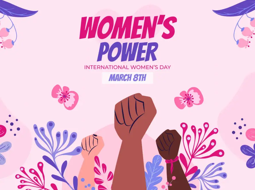 Illustration of raised fists celebrating International Women’s Day, symbolizing women empowerment and Gaia in Love’s commitment to supporting gender equality and breaking societal barriers.