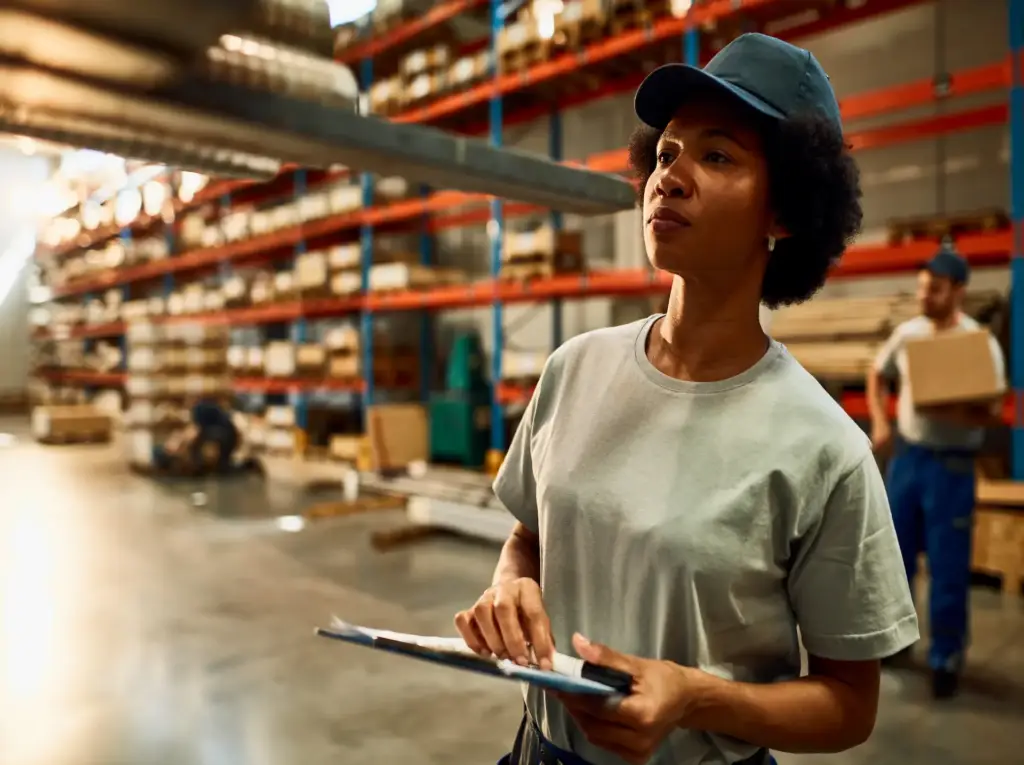 A female warehouse worker inspecting inventory with precision, representing Gaia in Love’s efficient supply chain management for women toys.