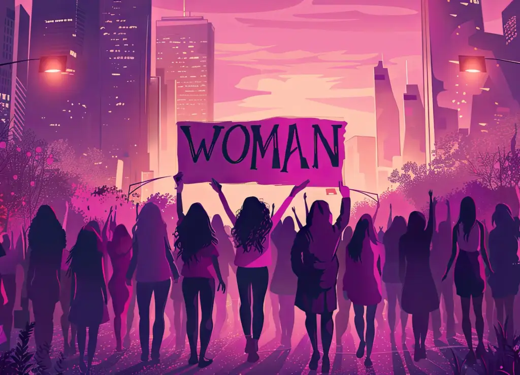 Illustration of women marching with a 'WOMAN' banner during a strike, symbolizing women empowerment and collective action for gender equality, supported by Gaia in Love.