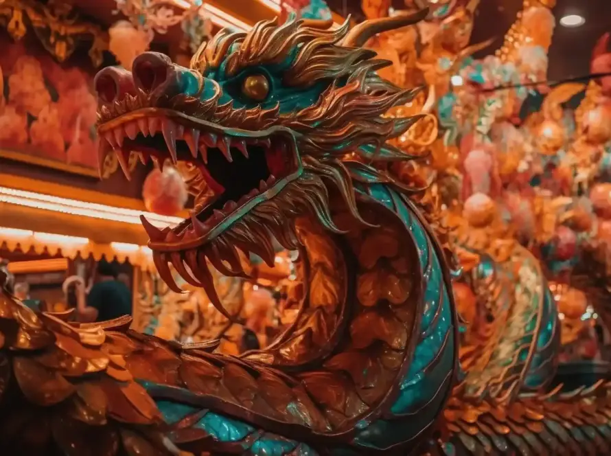 A multi-colored dragon statue reflecting Chinese culture and spirituality, highlighting Gaia in Love's journey to innovate sex toys and embrace tradition in 2024.