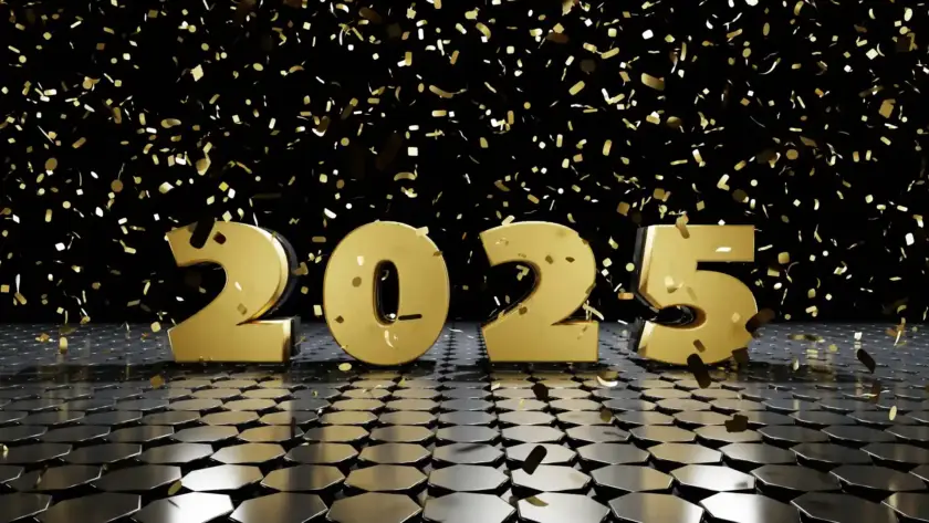 Golden 2025 text with confetti celebration background, symbolizing a festive Happy New Year celebration.