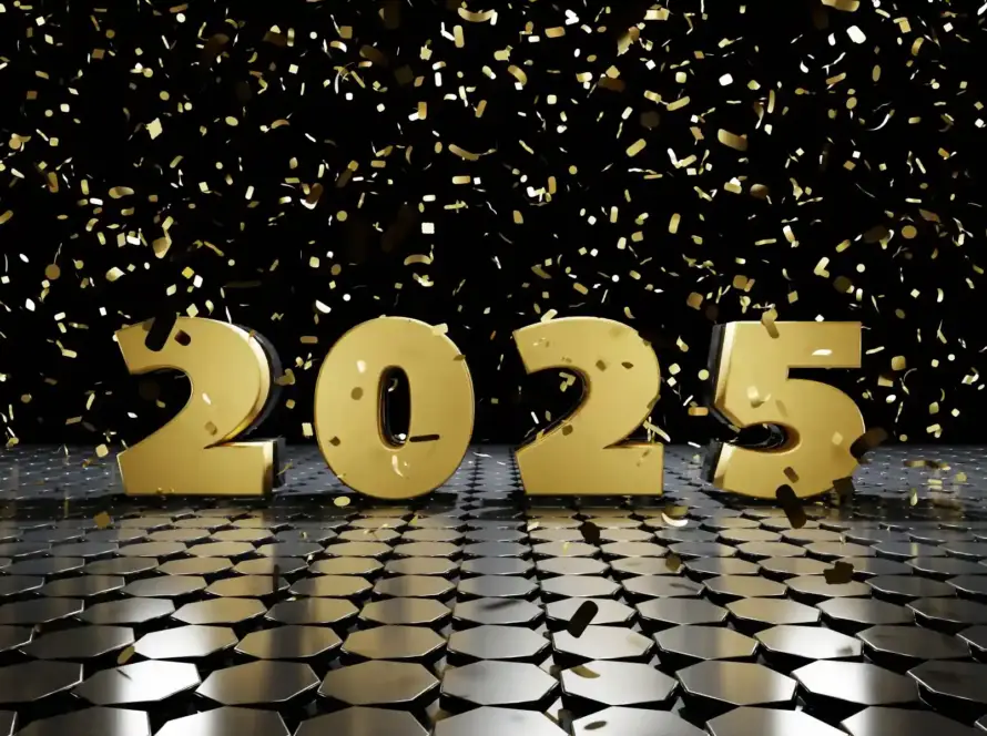 Golden 2025 text with confetti celebration background, symbolizing a festive Happy New Year celebration.