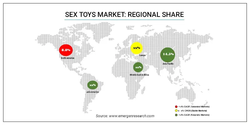 A world map displaying regional market shares of the global female sex tool market, highlighting key trends and growth rates.