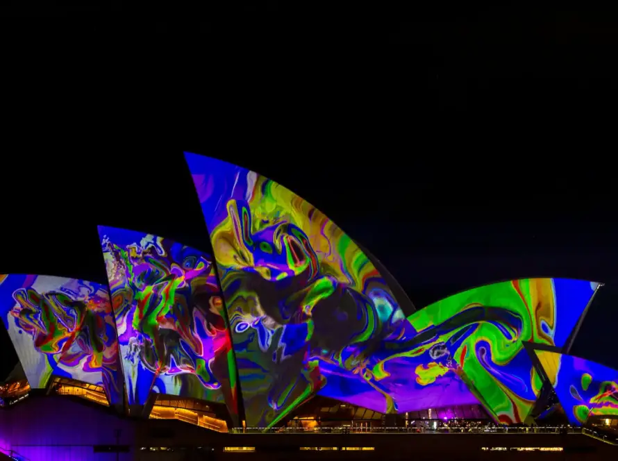 Sydney Opera House illuminated with vibrant lights, symbolizing Australia’s thriving market for couples toys and innovations by Gaia in Love.