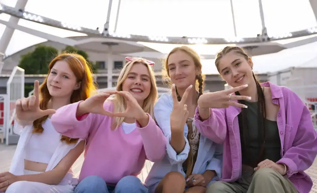 Four young women sit on a Ferris wheel staircase, forming the word 'LOVE' with their fingers, symbolizing Gaia in Love's mission to empower women with confidence, joy, and innovative women toys.