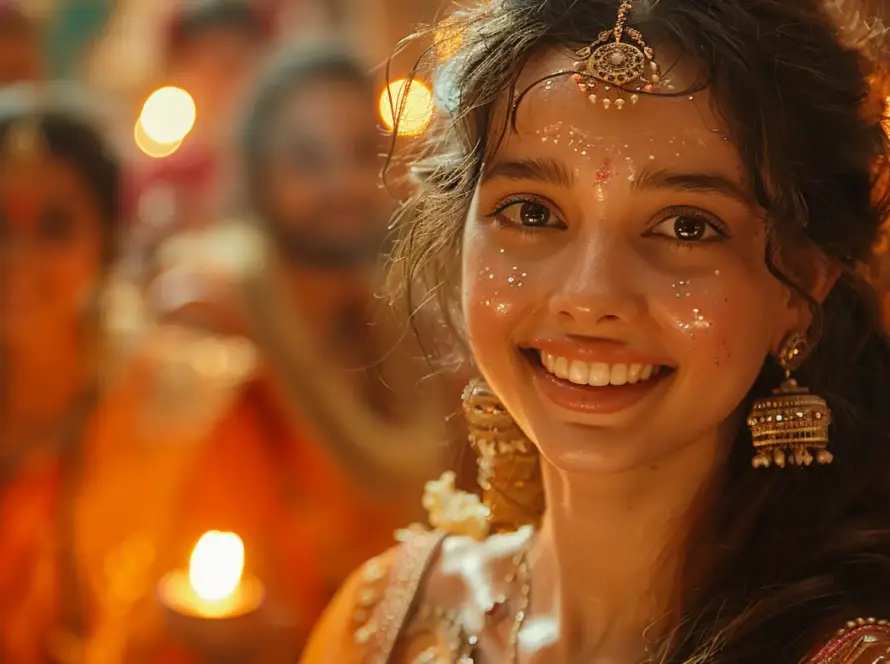 Vibrant Indian woman smiling at a cultural festival, representing the emerging market potential for vibe toys in India - Gaia in Love.