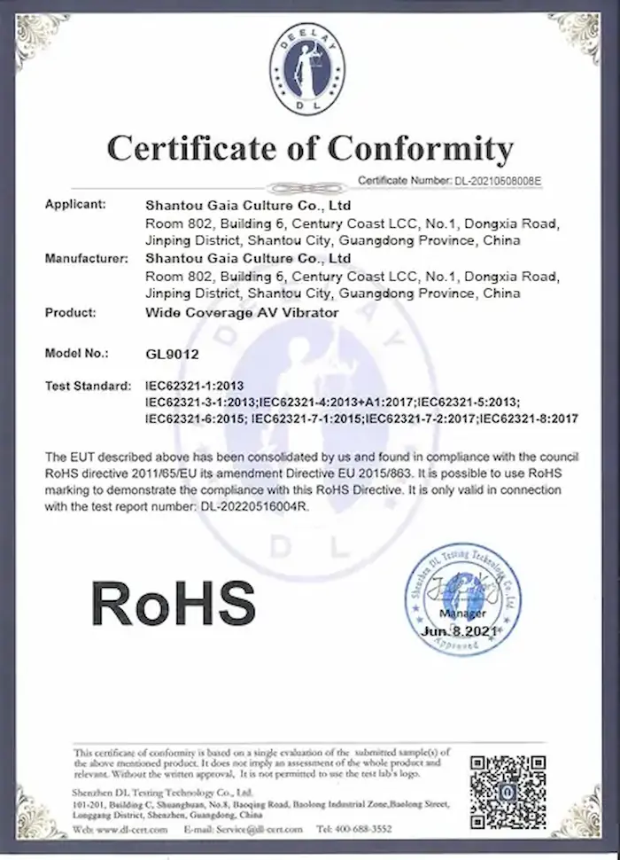 Second edition RoHS certification validating Gaia in Love vibrator for female meets advanced environmental standards.