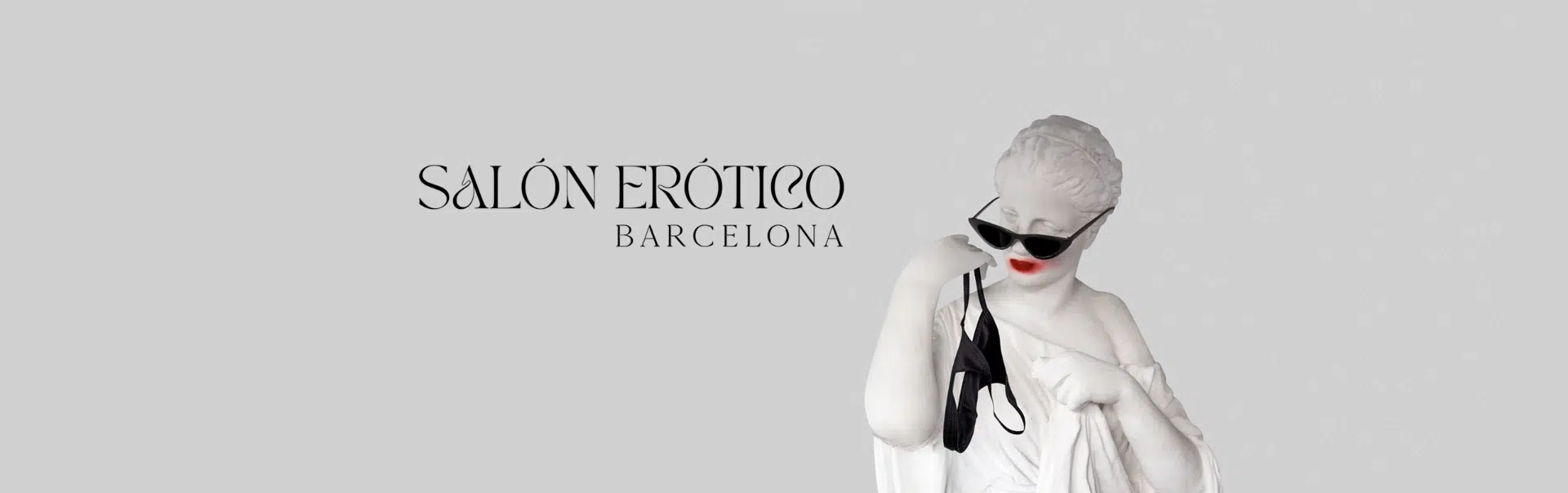 A modern artistic interpretation of sensuality featuring a classical statue wearing sunglasses, holding black lingerie, with red lips. The image represents the bold and playful spirit of Salón Erótico de Barcelona, aligning with Gaia in Love’s vision of empowerment, desire, and erotic expression.