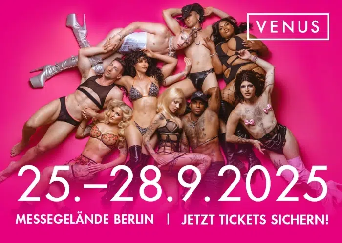 A diverse group of performers in vibrant lingerie promoting VENUS Berlin 2025, the leading adult entertainment expo, with Gaia in Love.