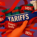 A digital illustration showing a cargo ship wrapped in red tariff ribbons marked with "145%", "20%", and "Trump’s Tariffs," tightly held by a hand. Visualizing the pressure of U.S.-China trade tensions on global supply chains, including the sex toy industry. Gaia in Love stands for stability and cooperation in women’s sexual wellness manufacturing.