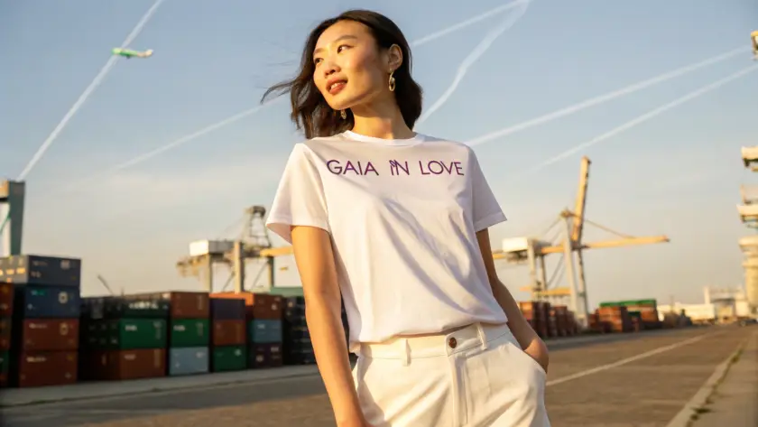 An Asian woman wearing a white T-shirt with "Gaia in Love" in violet, standing at a shipping port under soft sunlight, symbolizing China-US tariff agreement and sex toy export recovery.