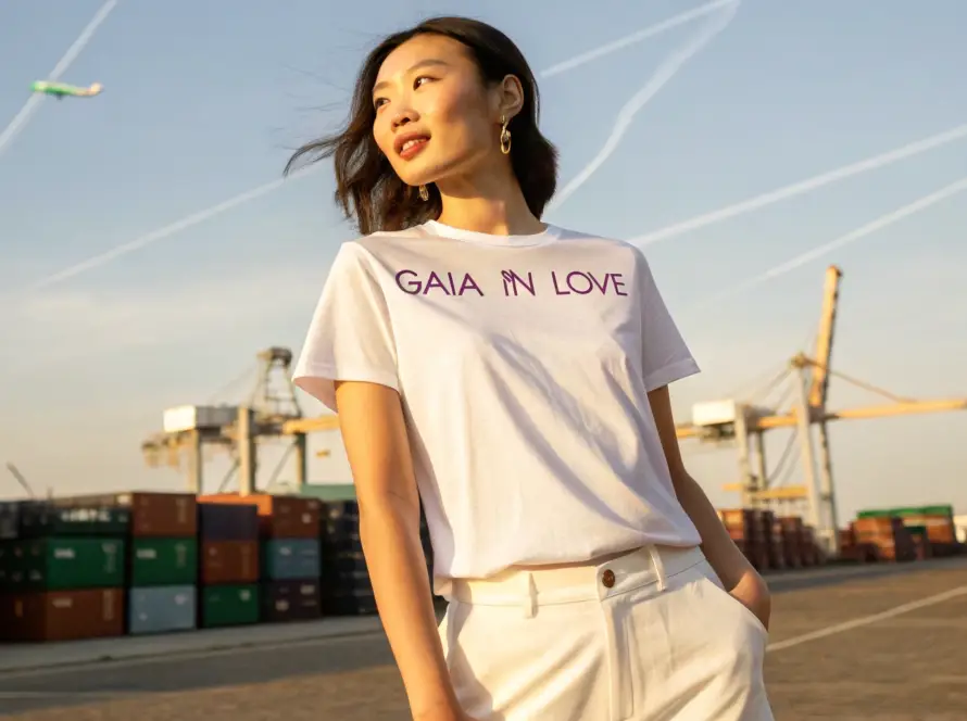 An Asian woman wearing a white T-shirt with "Gaia in Love" in violet, standing at a shipping port under soft sunlight, symbolizing China-US tariff agreement and sex toy export recovery.