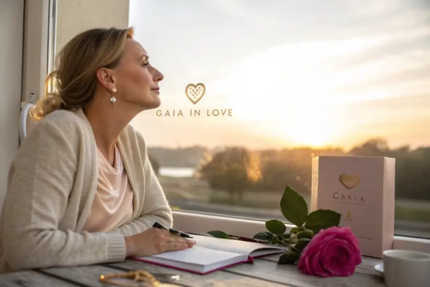 A woman in a beige cardigan sits by a window, gazing peacefully at the sunset. A "Gaia in Love" product box and a pink rose are placed on the table in front of her, capturing a serene moment of self-reflection. A warm and empowering atmosphere is created, honoring both motherhood and individuality.