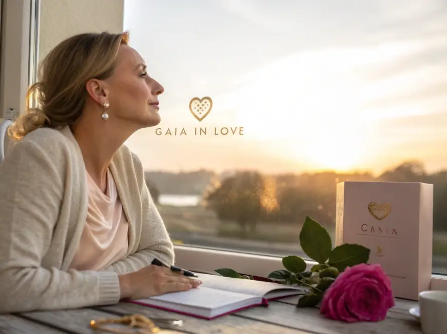 A woman in a beige cardigan sits by a window, gazing peacefully at the sunset. A "Gaia in Love" product box and a pink rose are placed on the table in front of her, capturing a serene moment of self-reflection. A warm and empowering atmosphere is created, honoring both motherhood and individuality.