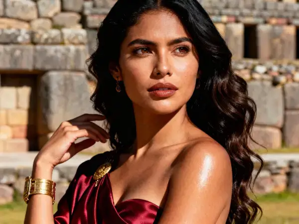 ChatGPT 说： Retrato de una mujer peruana elegante con vestido rojo satinado y joyería dorada, posando bajo la luz del sol frente a antiguas estructuras de piedra.