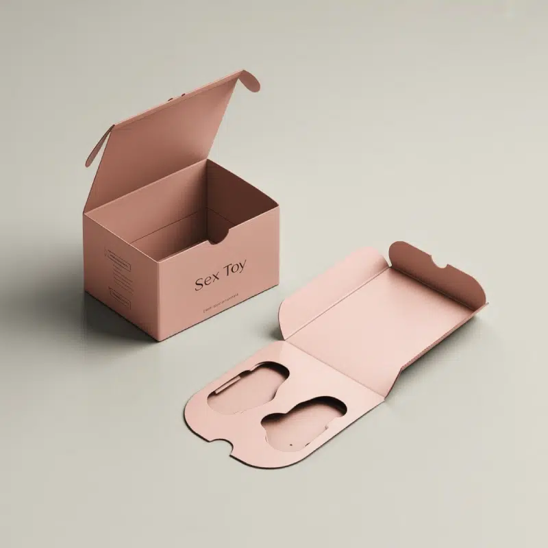 Pink folding carton sex toy packaging with an open retail box and matching die-cut inner tray insert.