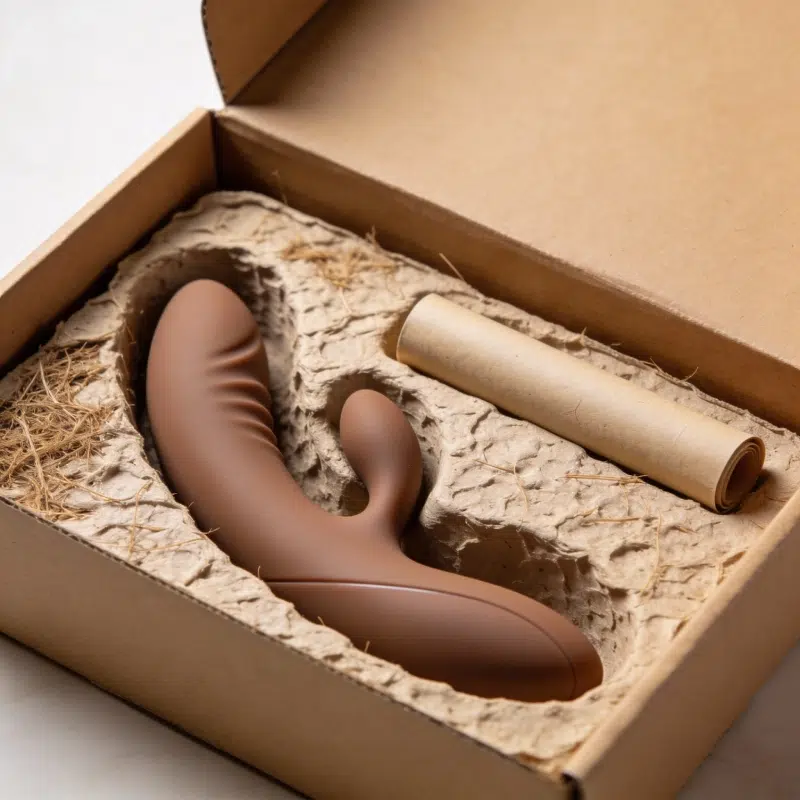 Eco-style molded pulp tray packaging in a kraft box, holding a vibrator securely with space for an accessory insert.