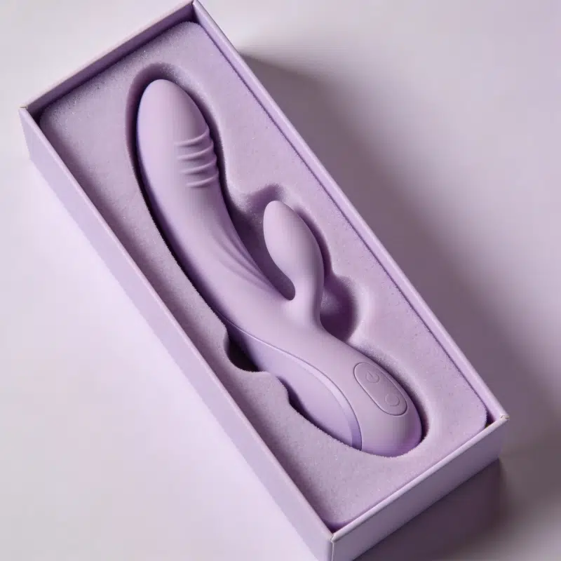 EVA tray insert in a gift box, holding a purple rabbit vibrator neatly for secure, premium presentation.