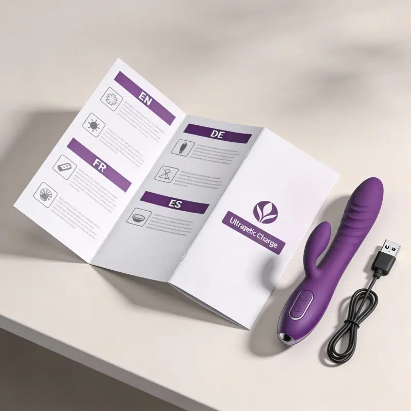 Multi-language sex toy user manual (EN/DE/FR/ES) shown with a purple vibrator and USB charging cable.