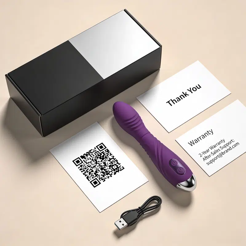 QR code support card set for sex toy packaging, including thank-you card, warranty card, and product insert beside a purple vibrator.