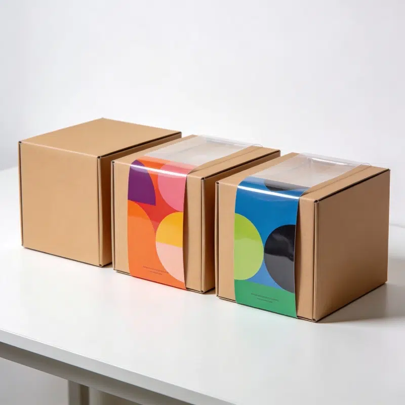 Universal box packaging shown with interchangeable printed sleeves—one plain kraft box and two boxes with colorful sleeve wraps for multi-SKU branding.