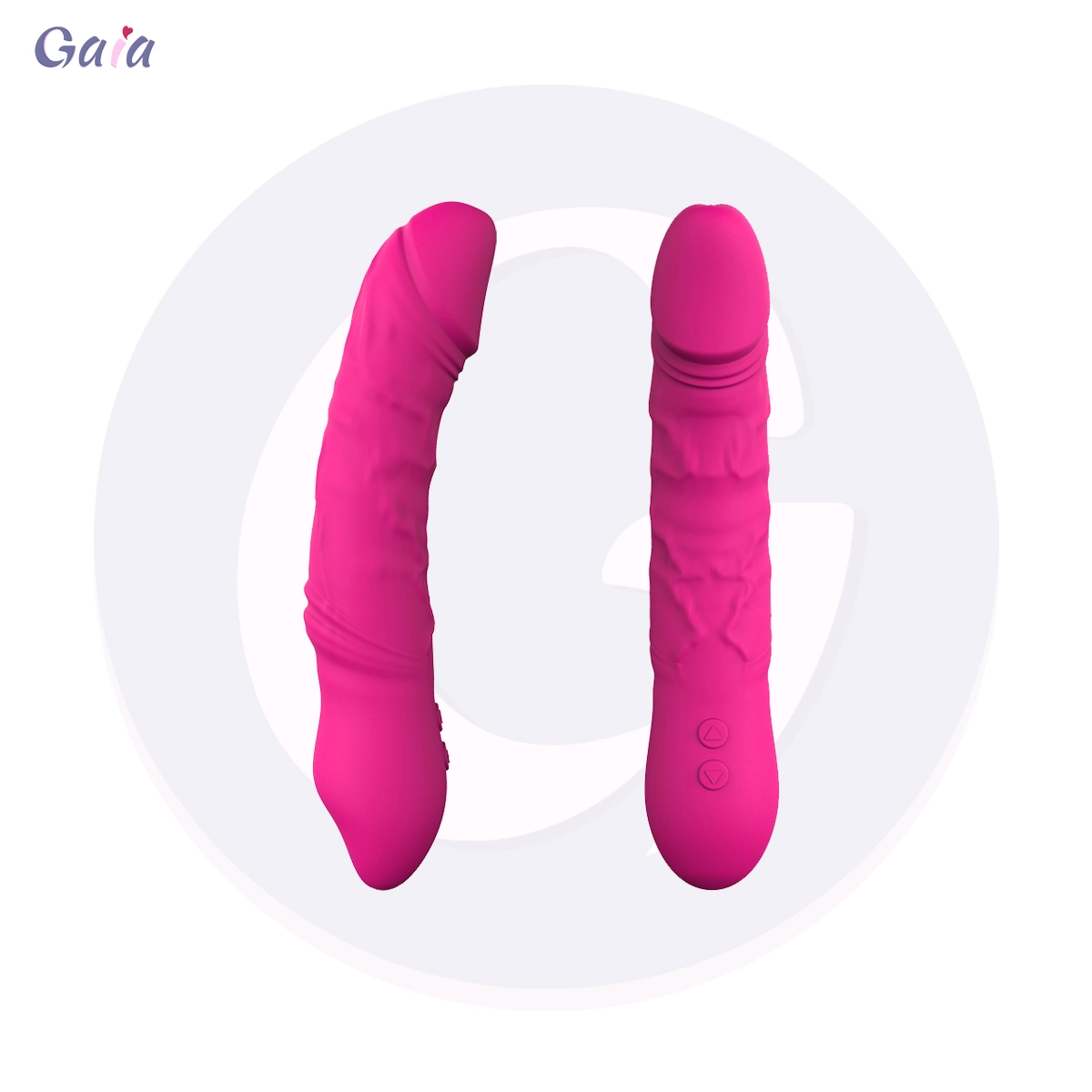 蓋婭科技 GV2046 粉色伸縮震動器正面與側面圖，展示紋理機身、斜角頂端與雙按鍵控制設計。