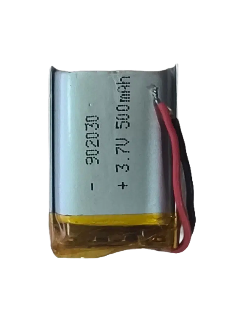 Li-polymer pouch battery (902030) rated 3.7V 500mAh with red and black wires.