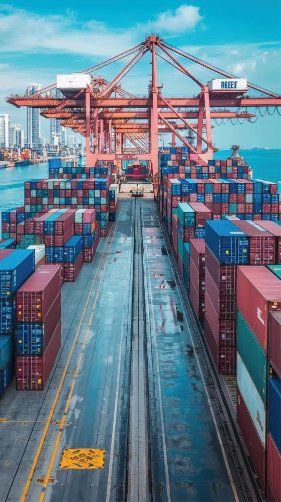 Shipping port with stacked cargo containers and cranes, representing international logistics for battery-powered sex toy shipments.