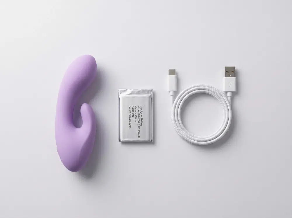 Purple rechargeable vibrator beside a Li-polymer battery pack and a USB-C charging cable on a light gray background.
