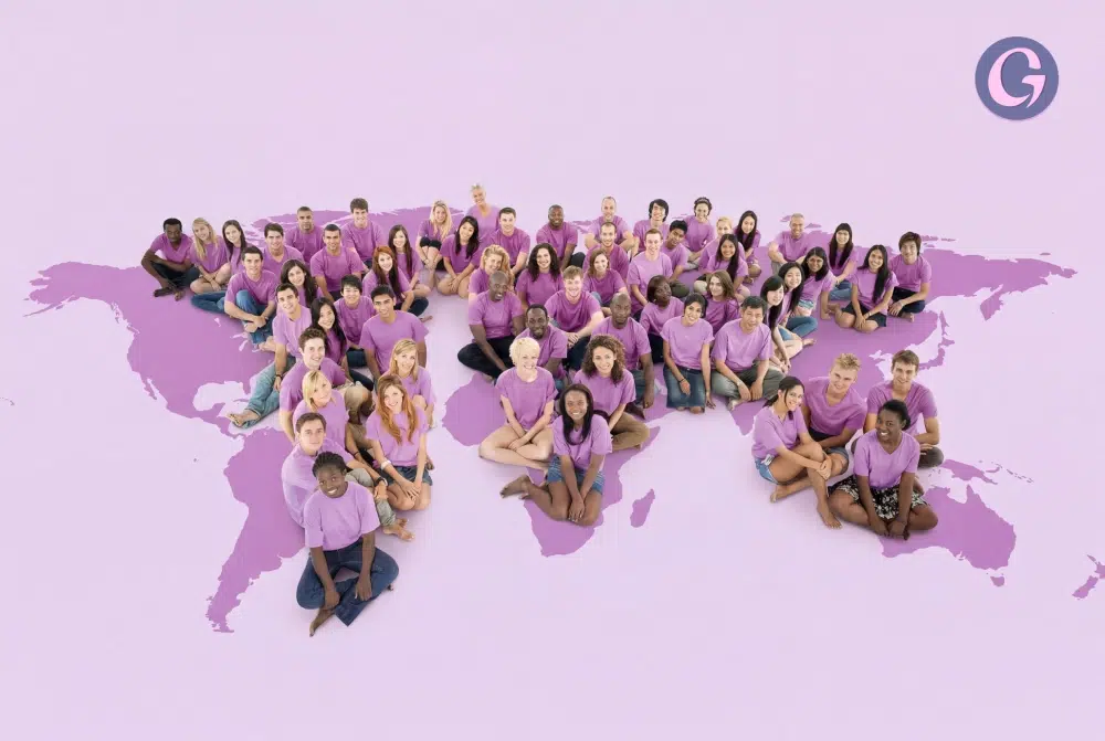 世界地図を背景に並ぶチームメンバー。Gaia（日本）のグローバル販売ネットワークを表現したイメージ。