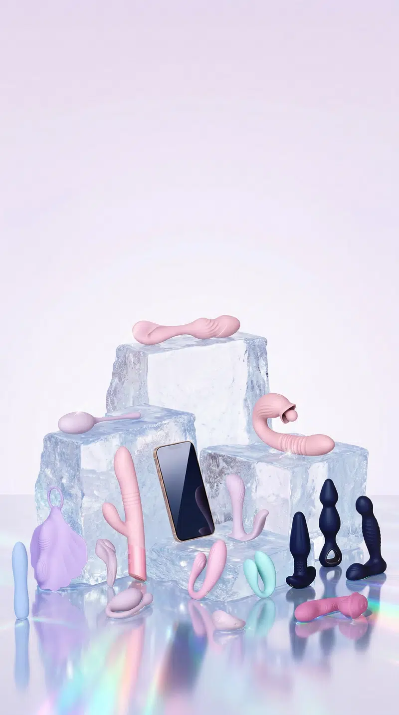 氷のブロックの上に並ぶ各種アダルトグッズ。虹色の反射を取り入れた、GAIAの女性向け製品ラインアップのイメージ。